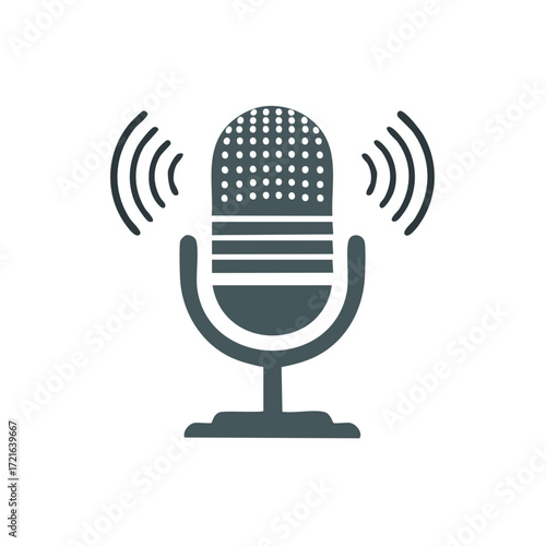Retro microphone emitting sound waves for broadcasting and audio recording