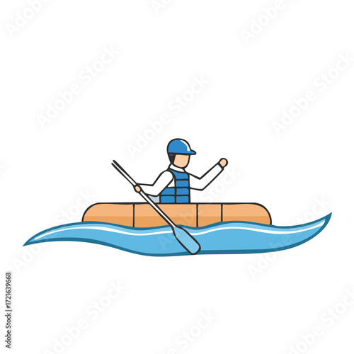 Cartoon person paddling inflatable raft on water with life vest and helmet illustration