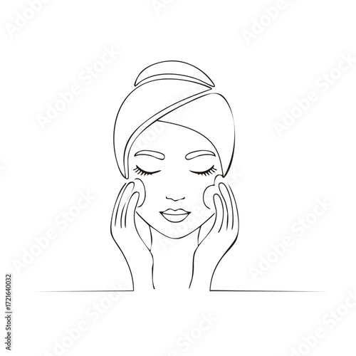 Woman with hair towel cleansing face with cotton pads, skincare routine line art