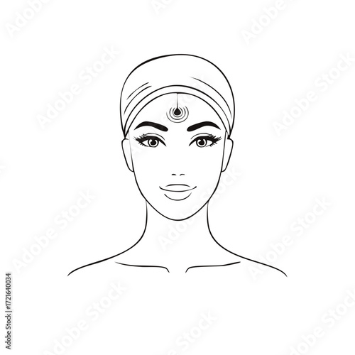 Line art illustration of a woman with a head covering and a decorative mark on her forehead.