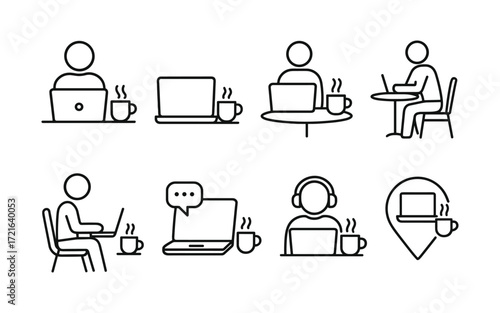Set of remote work and cafe icons with laptop, coffee cup, person working, chat bubble, headset and location symbol. Black outline vector illustrations on white background.