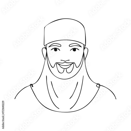 Line art portrait of a man with beard wearing a head covering or hat style illustration, islamic muslim traditional