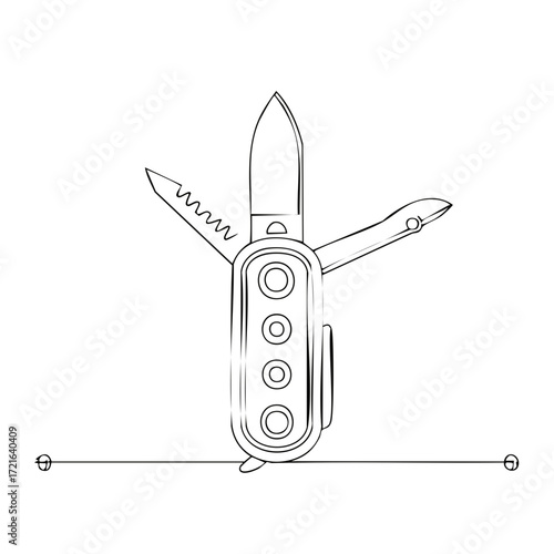 Contour drawing of an open multi-tool with knife, saw, scissors and corkscrew on a single line, sketch of a pocket utility knife