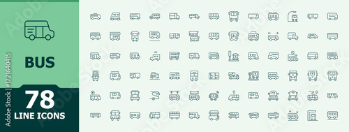 Bus modern icon set. City Bus icon set. Minimal thin line web icons set. Contain linear sign transportation, shuttle, car and more. Art and illustration.