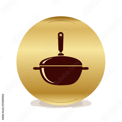 Simple dark brown wok icon on a golden circle background