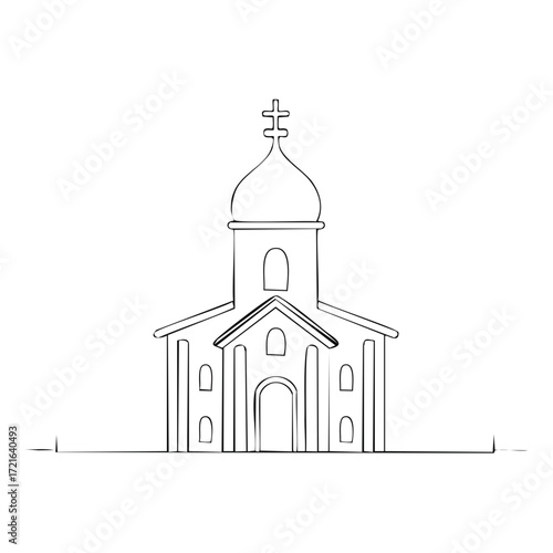 Minimalist line drawing of Orthodox Church with cross topped dome for architectural design