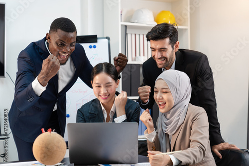 team of multiethnic colleagues excited celebration output performance discuss budget, sharing idea, happy business people man woman diverse employee coworker in formal suit meeting in finance office