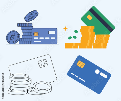 Blue and green credit cards with stacks of gold and blue coins debit card money 1