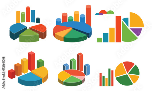 Collection of colorful 3 D bar and pie charts on white background bar chart infographic