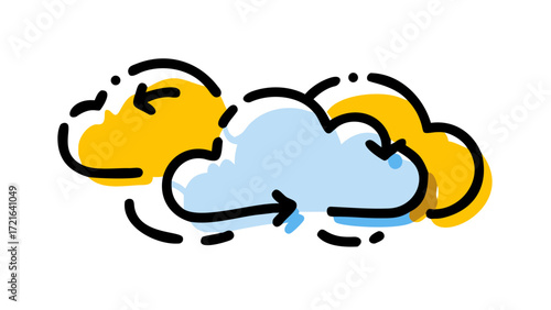Dynamic abstract illustration of data synchronization and transfer between interconnected cloud computing elements, symbolizing seamless digital information flow and secure network operations