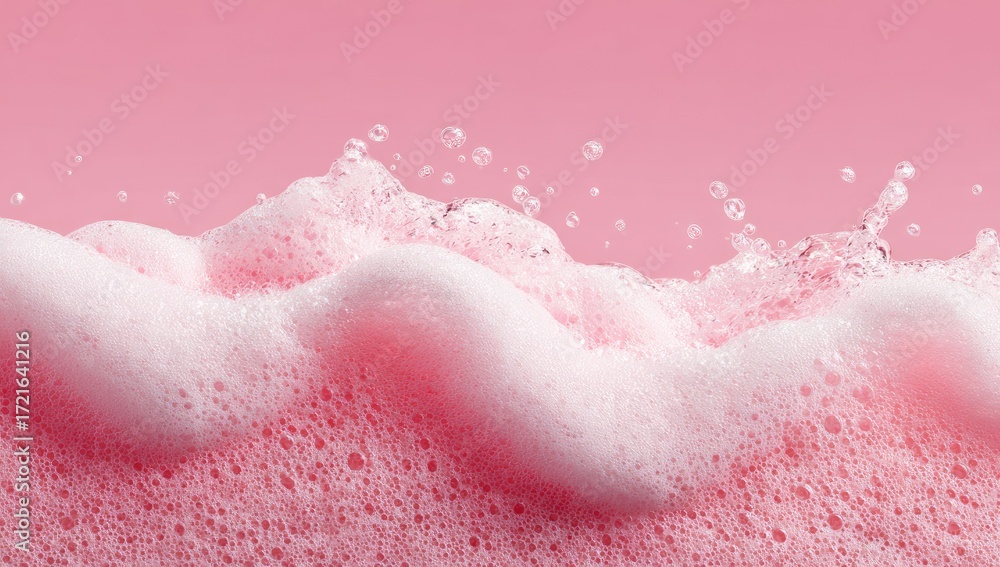 Fototapeta premium Pink foam texture with bubbles and a wavy surface against a pink background