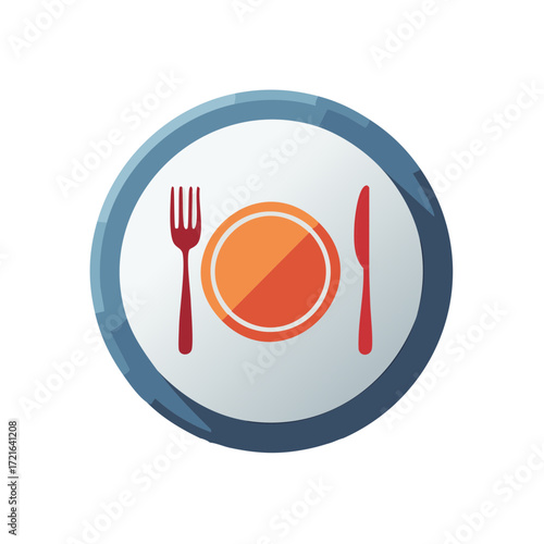 Dining icon with plate fork and knife in a circle for a restaurant or food service, graphic symbol design