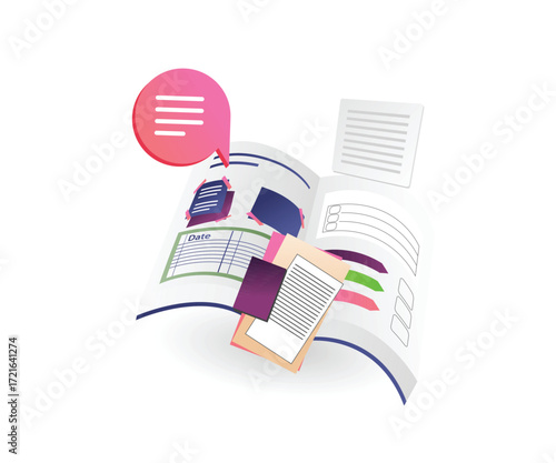 Digital Illustration of Open Magazine with Papers