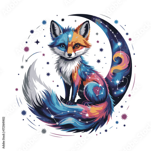 Whimsical fox with starry, cosmic fur sitting on a crescent moon surrounded by stars, isolated on white background technology background