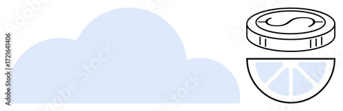 Simplistic cloud with a coin and segmented fruit shape suggesting storage, monetary savings, and division. Ideal for finance, technology, investment, minimalism, economics, analysis modern design