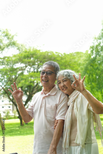 Happy Asian Senior Couple Relaxing Together in Park with Wheelchair