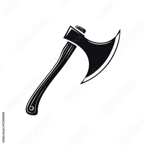Graphic black vector illustration of a classic chopping axe, sharp blade and sturdy wooden handle, traditional tool