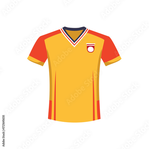 Yellow and red soccer jersey with team crest flat vector graphic icon