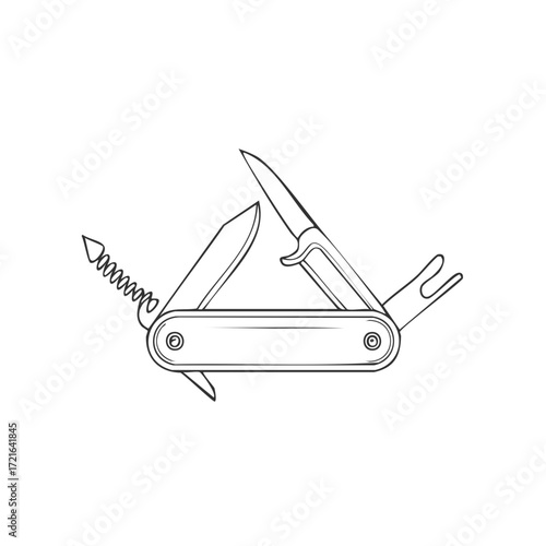 Line drawing of versatile pocket knife with various tools revealed for utility work or camping equipment
