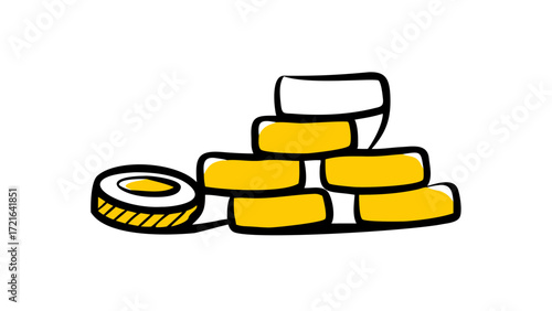 Vibrant doodle illustration showcasing a stacked arrangement of golden bars alongside a shining coin, symbolizing financial prosperity, secure investments, and valuable assets