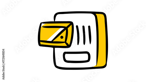 Illustration of a yellow electronic access control system, showing a card reader and security features