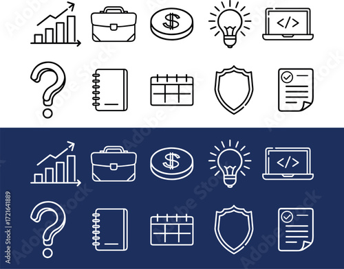 Office and Work Essentials Outline Icon Pack – Laptop with Coding Screen, Document with Checkmark, Calendar, Bar Chart Growth, Briefcase, Light Bulb Idea, Dollar Coin, Shield Security, Question Mark, 