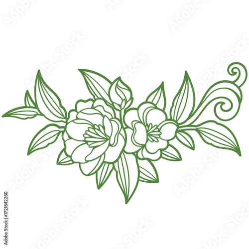 Green Floral Outline Two Blossoms Bud Leaves and Decorative Swirls Design.