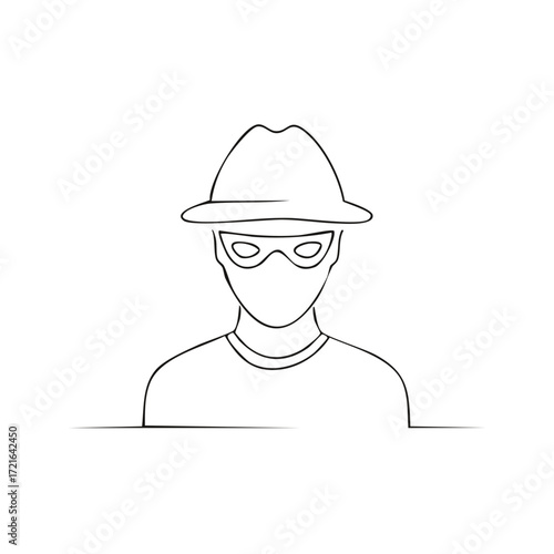 Masked person wearing a fedora hat vector outline icon anonymous criminal identity symbol