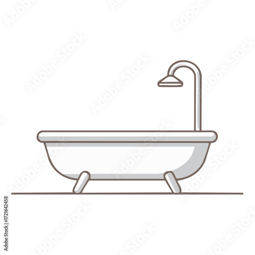 Bathtub and Shower Head Illustration in Simple Line Art Style for Bathroom Design