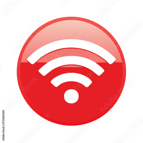 Red glossy wi fi signal icon representing wireless internet connection and network access symbol