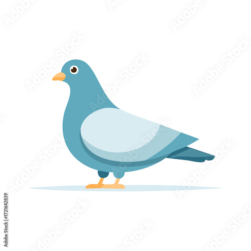A cute blue pigeon illustration standing in profile view with a simple flat design cartoon style.