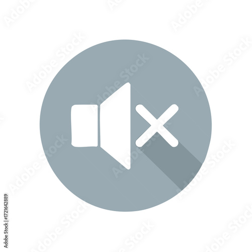 Mute speaker icon in gray circle with long shadow, volume off button symbol