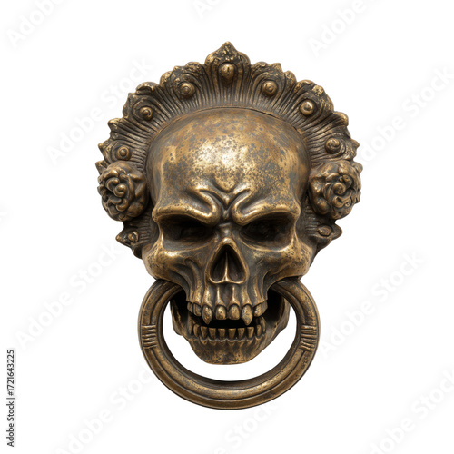 An antique skull door knocker of imposing aesthetic, the image embodies intricate detail with the artistic craft of times past