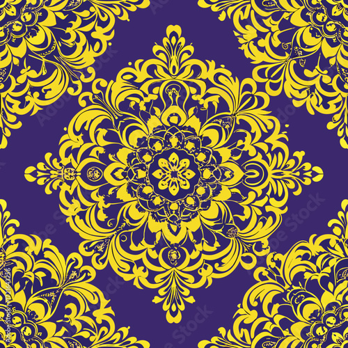 Yellow ornate mandala pattern on a deep purple background vector illustration