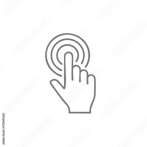 Hand tapping touchscreen with index finger, digital interaction interface icon, simple line art symbol