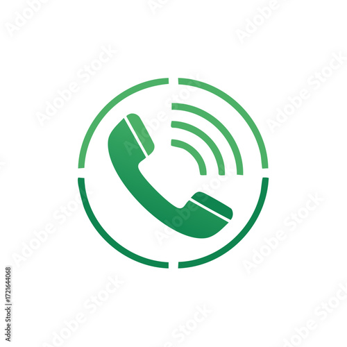 Green handset icon with signal waves within broken circle, call communication symbol