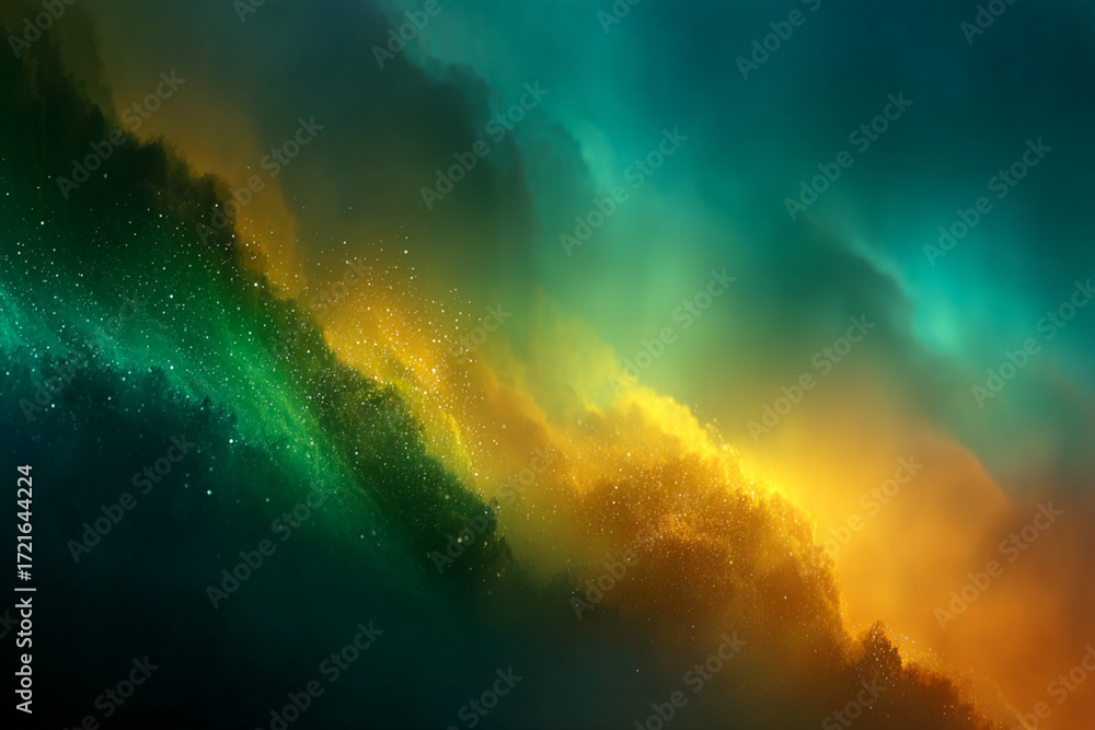 Naklejka premium Abstract Universe of Emerald and Gold: An abstract digital artwork depicting a nebula of vibrant emerald green and radiant gold, creating an otherworldly visual experience. 
