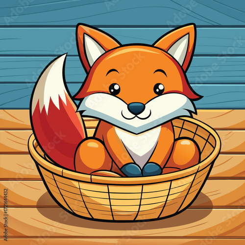 Adorable cartoon fox curled up comfortably in a woven basket vector