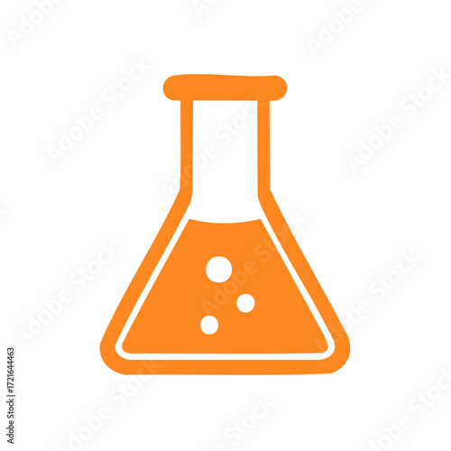 Orange Erlenmeyer flask filled with liquid and bubbles, scientific laboratory equipment.