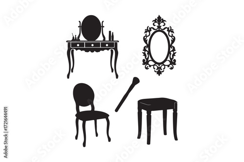 Elegant vintage vanity set silhouette with ornate mirror and chair