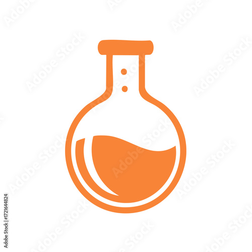 Round bottom flask with liquid, laboratory equipment flat vector design