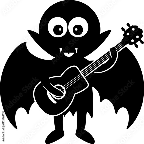 Cartoon vampire with large eyes and fangs plays acoustic guitar, showcasing whimsical and musical theme. character bat like wings add playful touch to illustration