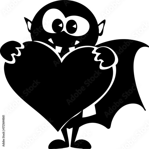 Cute cartoon vampire holding large heart, showcasing playful and whimsical design. vampire has exaggerated features like large eyes and fangs, adding to its charm. image is black and white