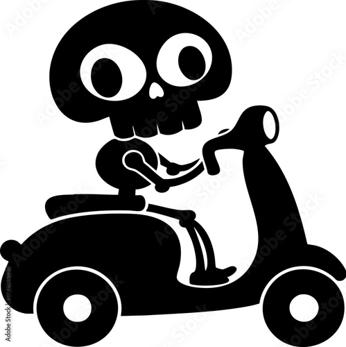 Cartoon skeleton rides scooter, showcasing playful and whimsical design. simple black and white illustration highlights skeleton large head and round eyes, adding humorous touch
