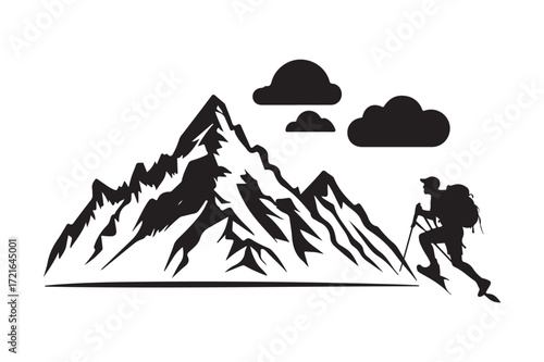 Silhouette of a hiker ascending a mountain with clouds