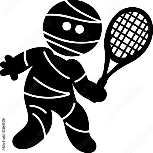 Cartoon mummy character is holding tennis racket, ready to play. mummy is wrapped in bandages, with playful and sporty demeanor, adding humorous twist to Halloween theme