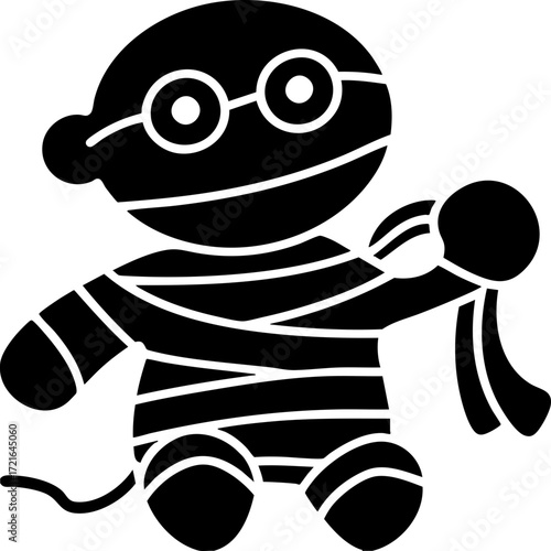 Cute cartoon mummy character with glasses is wrapped in bandages, creating playful and whimsical appearance. character round head and simple design add to its charm