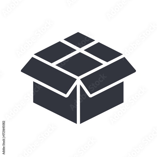 Minimalist isometric dark gray open cardboard box icon symbol illustration