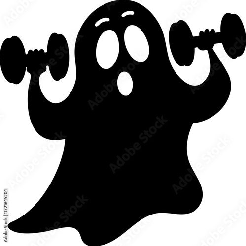 Cartoon ghost lifting dumbbells with surprised expression, combining fitness and Halloween themes in playful way. ghost arms are raised, holding weights, adding humorous touch to spooky character