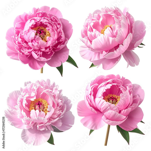 Four vibrant pink peonies, close-up, arranged in a grid.  Each peony displays a full, ruffled bloom with a soft, inner core.  